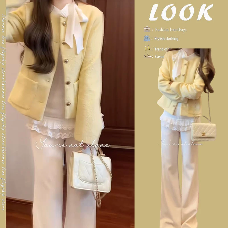 气质穿搭一整套秋冬新款小香风短款外套内搭打底衫休闲裤三件套装