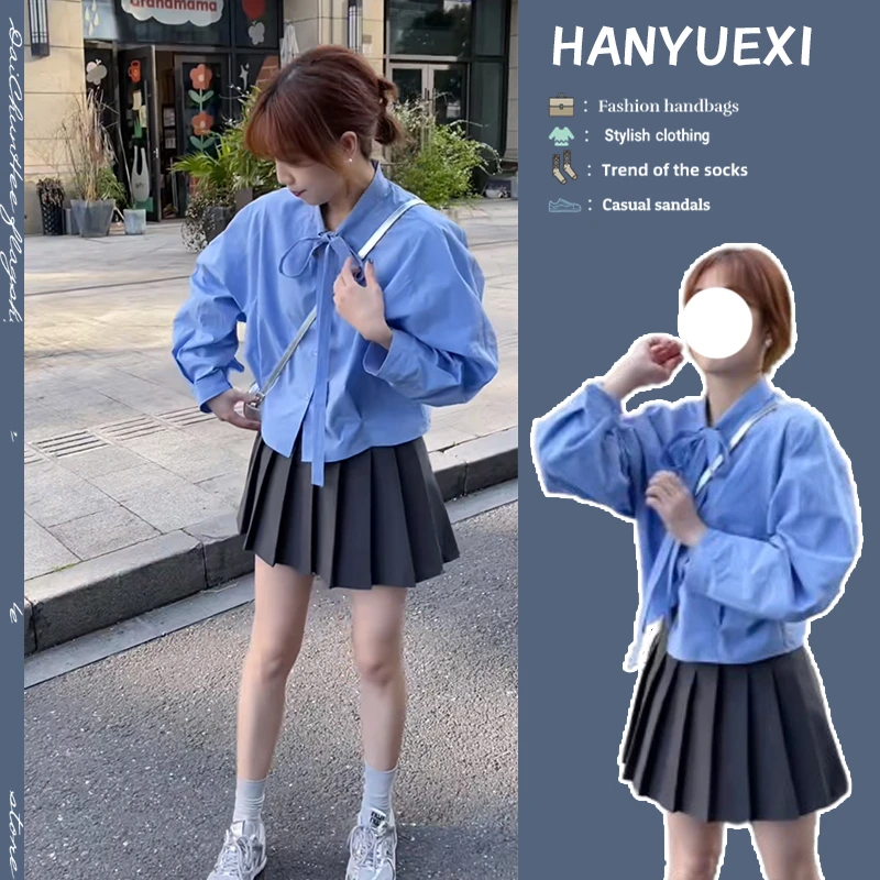 今年流行穿搭一整套2024新款绑带长袖减龄衬衫时尚百褶裙两件套潮