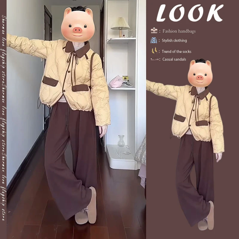 2024秋冬新款韩系穿搭时尚保暖棉服外套高领内搭长袖休闲裤三件套