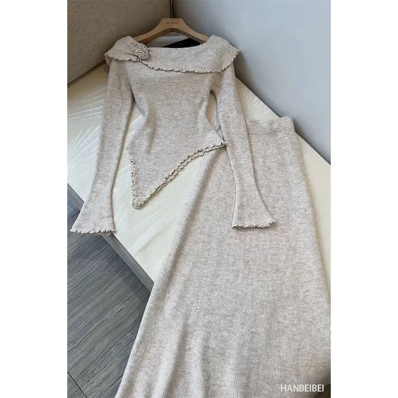 2024秋季穿搭一整套女新款韩版设计感一字肩针织上衣半身裙两件套