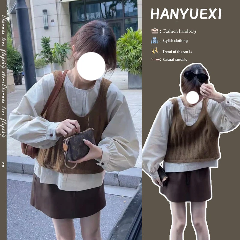 秋季穿搭一整套女2024新款韩版百搭衬衫针织马甲时尚短裙三件套潮