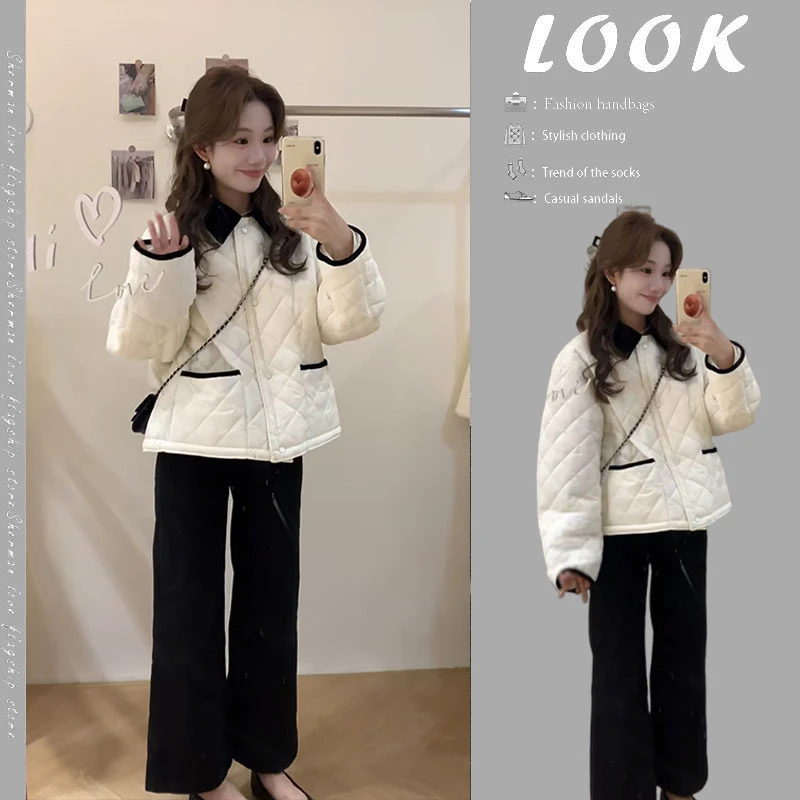 秋冬季2024新款简约时尚复古撞色设计小香风菱形格宽松棉服外套女