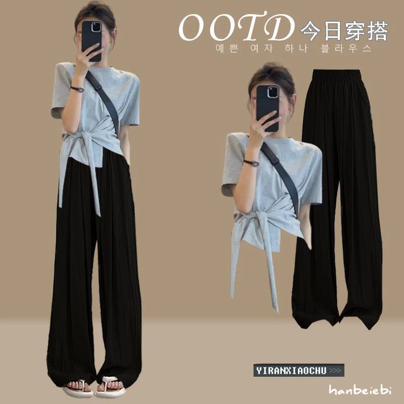 夏季套装女2024新款韩版时尚设计感绑带上衣休闲百搭阔腿裤两件套