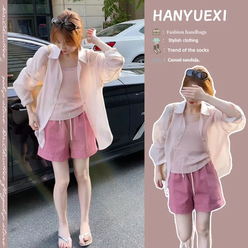 今年流行穿搭一整套2024新款吊带背心时尚衬衫高腰阔腿短裤三件套