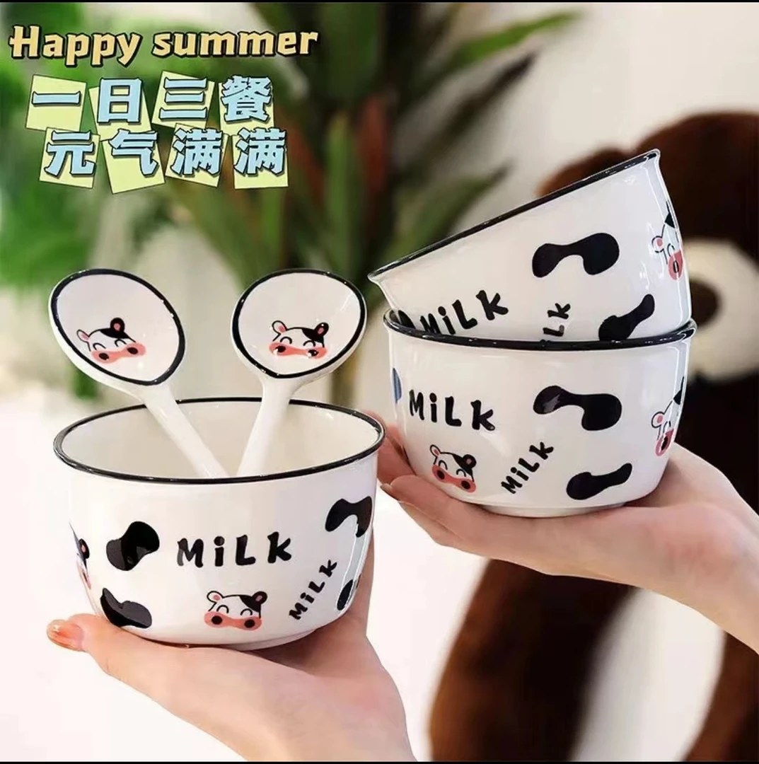 【2碗2勺】4.5寸陶瓷奶牛米饭碗勺子家用吃饭碗家用餐具学生情侣