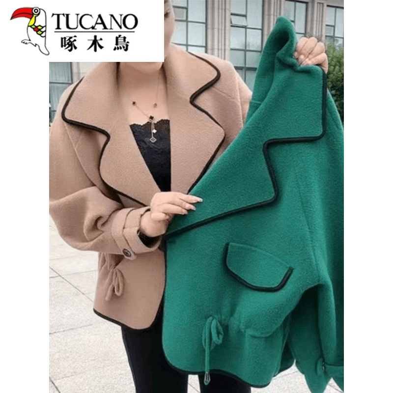 双面呢大衣女小个子收腰短款高级感2023秋冬加厚大码宽松毛呢外套