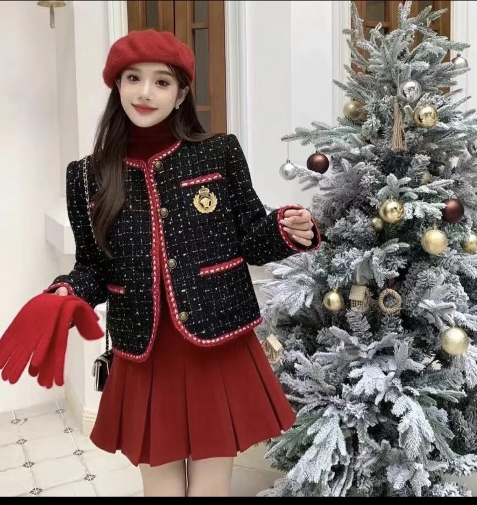 加棉小香风外套时尚套装冬季学院风加厚编织花呢外套百褶裙两件套