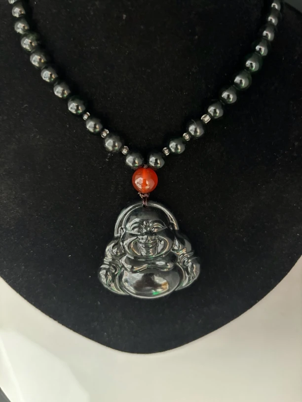 天然正品墨绿全珠佛公毛衣链