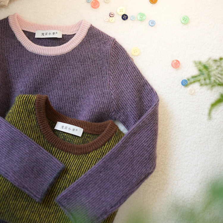 麦田小羊秋冬新款多巴胺色长袖圆领儿童山羊绒打底套头针织毛衣