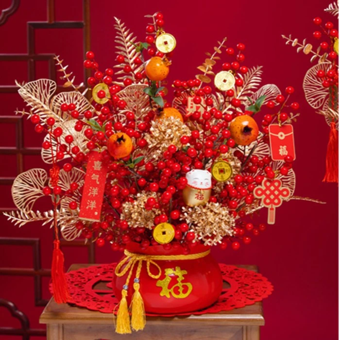 新中式乔迁结婚年宵花摆件轻奢发发果红果精美仿真花摆设客厅高档