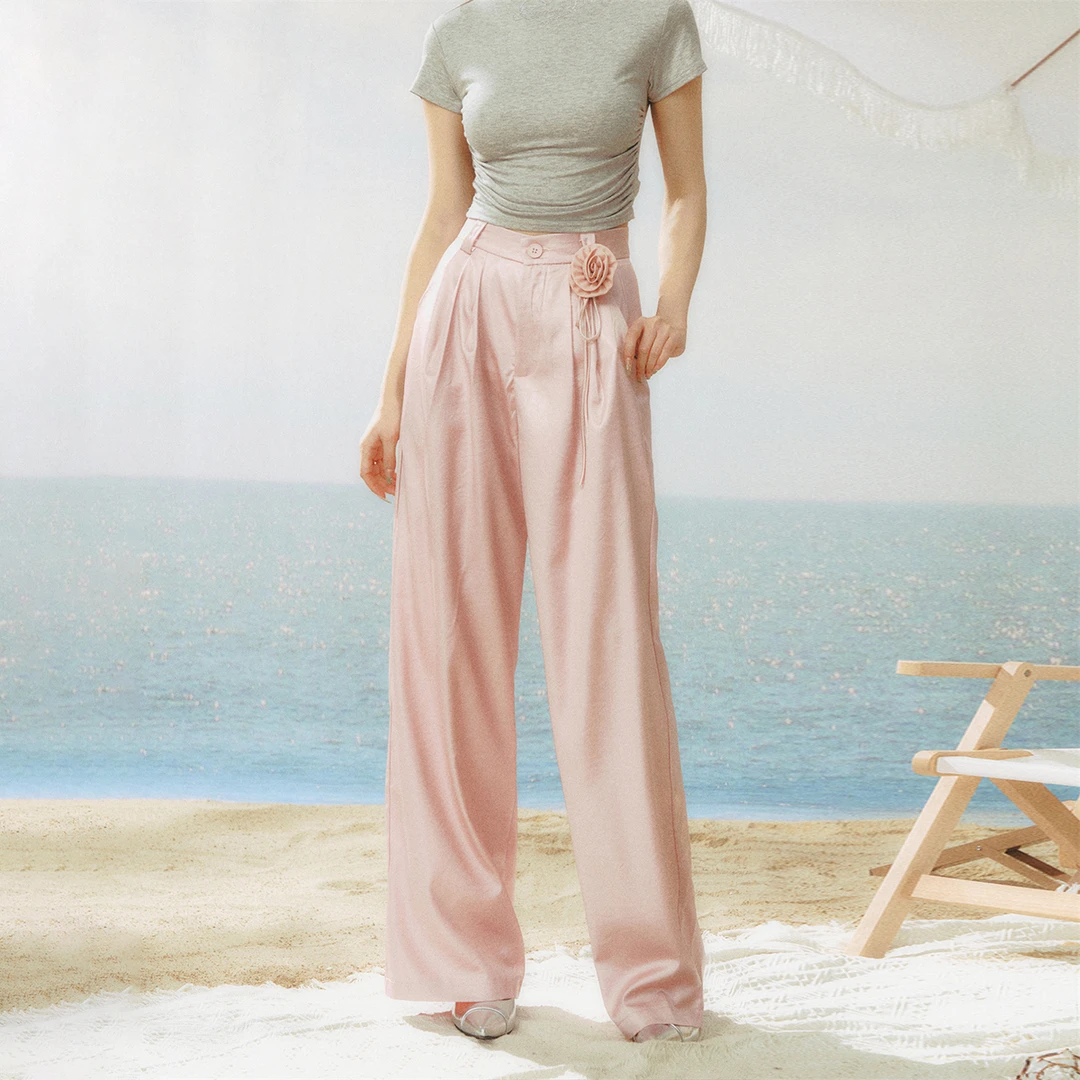 AsGony百搭设计感阔腿玫瑰宽松休闲长裤