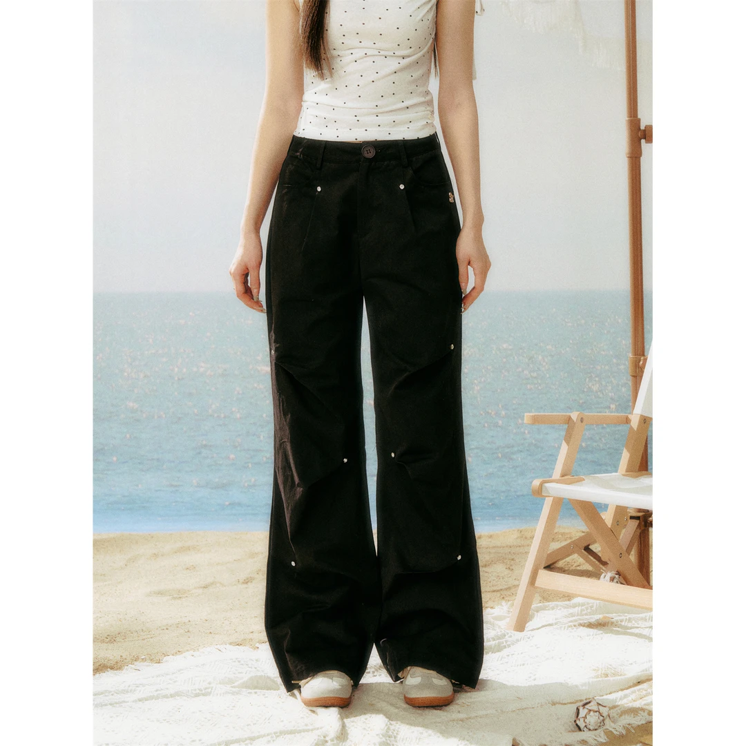 AsGony休闲宽松直筒水钻设计感压褶工装裤