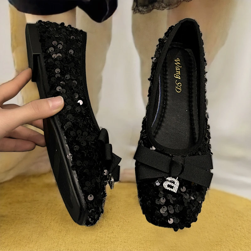 软底单鞋女浅口法式亮片鞋子晚晚鞋复古网红鞋蝴蝶结小香风平底鞋