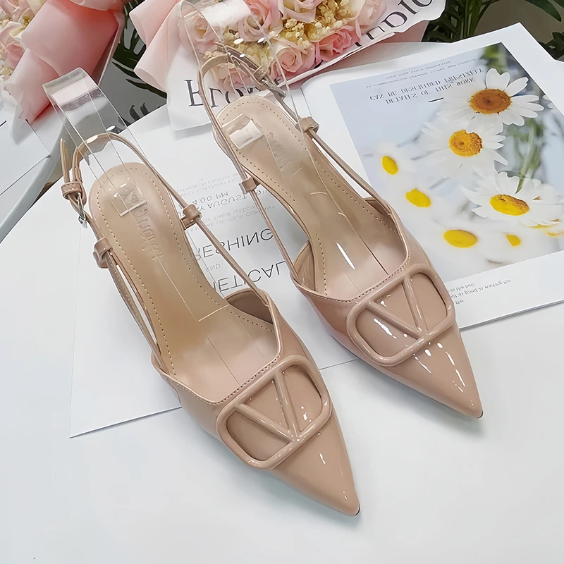 凉鞋女夏2024新款尖头细跟后空单鞋V扣高跟鞋性感女鞋 莫奈花园风