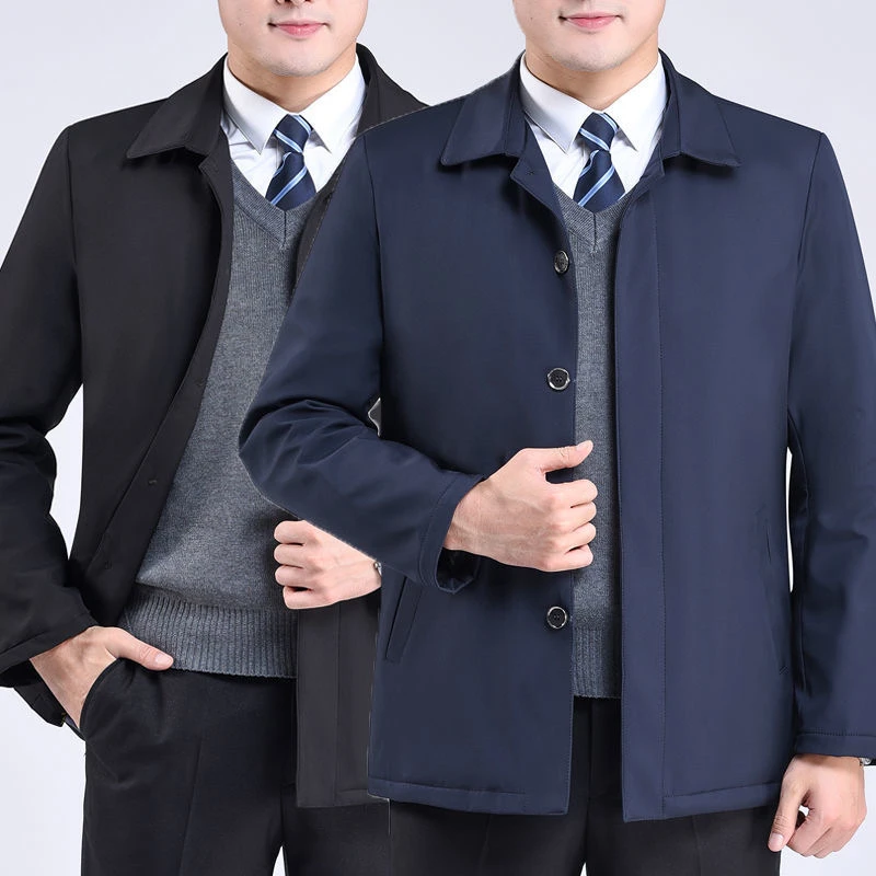 中年男士外套春秋新款夹克男宽松休闲秋冬爸爸装大码翻领纯色上衣