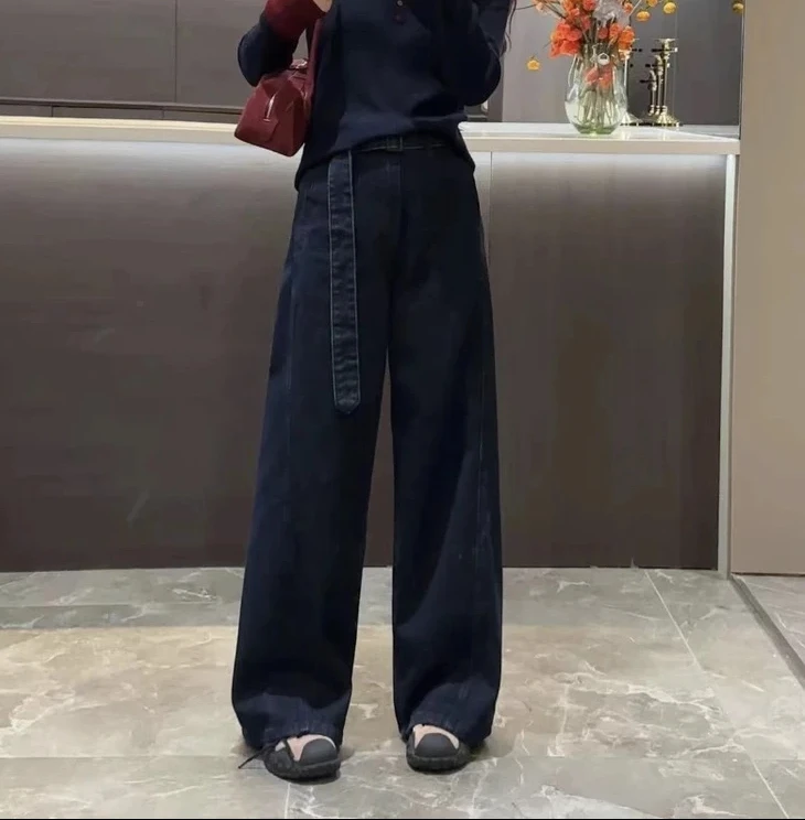 实拍1830秋冬新款丹宁色水洗牛仔裤阔腿裤时尚百搭显高显瘦显腿长