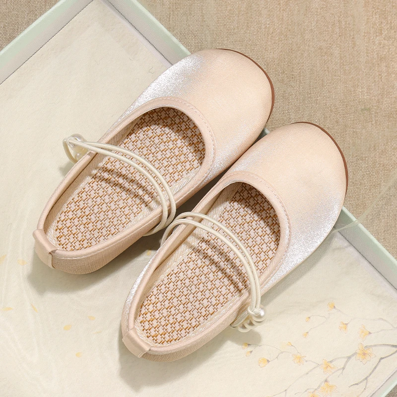 秋季新款女童公主鞋儿童珍珠扣平底小皮鞋宝宝玛丽珍鞋汉元素布鞋