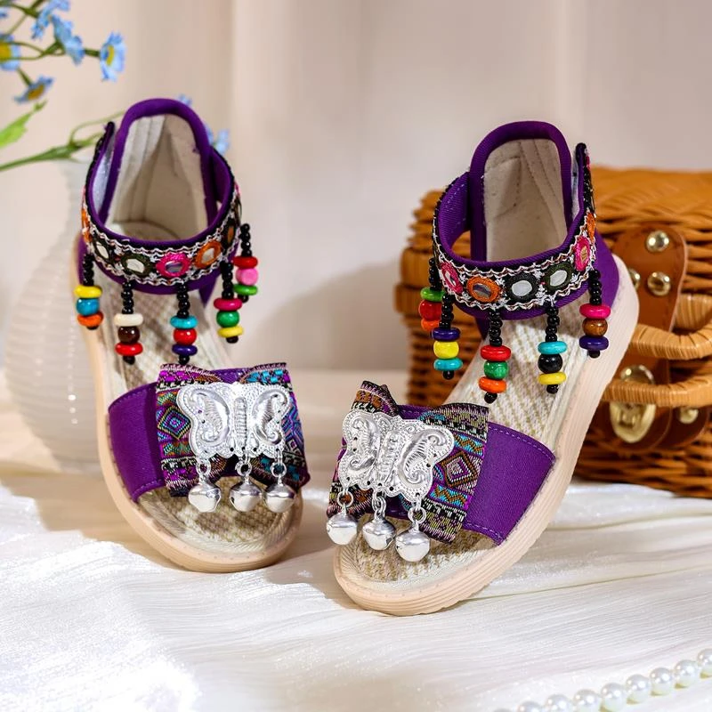 民族风凉鞋女童汉服新款六一儿童古风演出鞋汉元素绣花鞋子沙滩鞋