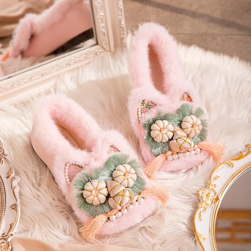 虎头鞋大人冬季新款加绒平底手工刺绣居家毛毛棉鞋新中式绣花棉鞋