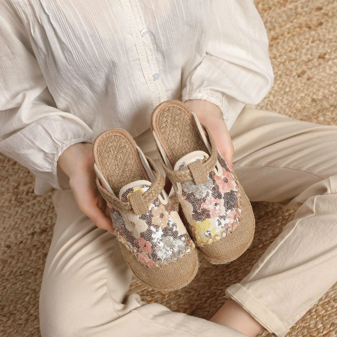 夏季新款亚麻老北京布鞋包头外穿绣花拖鞋民族风透气女凉鞋渔夫鞋