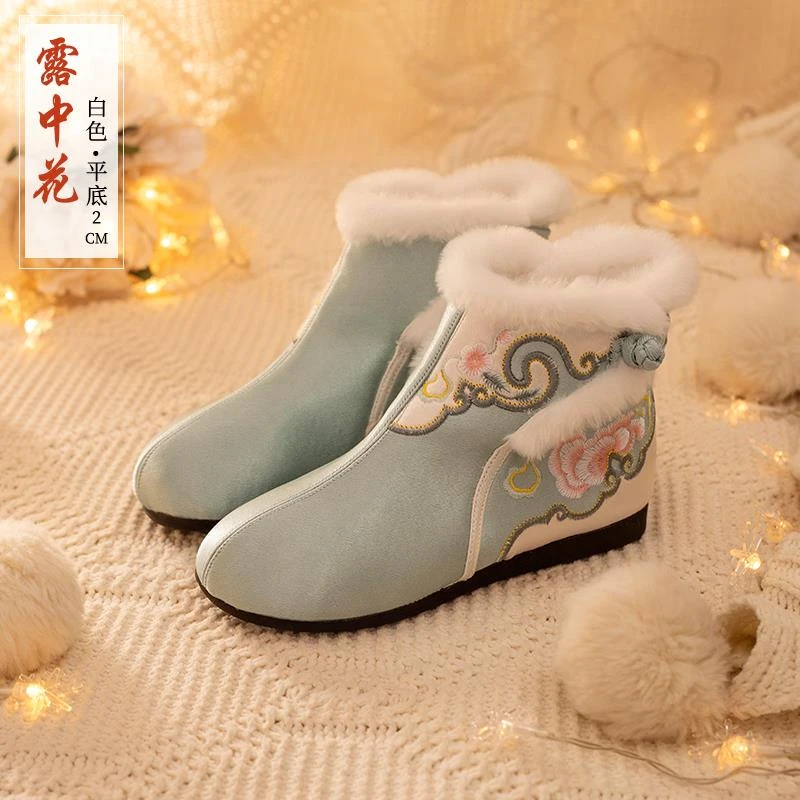 汉服靴子女春季民族风短靴布靴绣花鞋冬天加绒汉服鞋子古风鞋淡雅