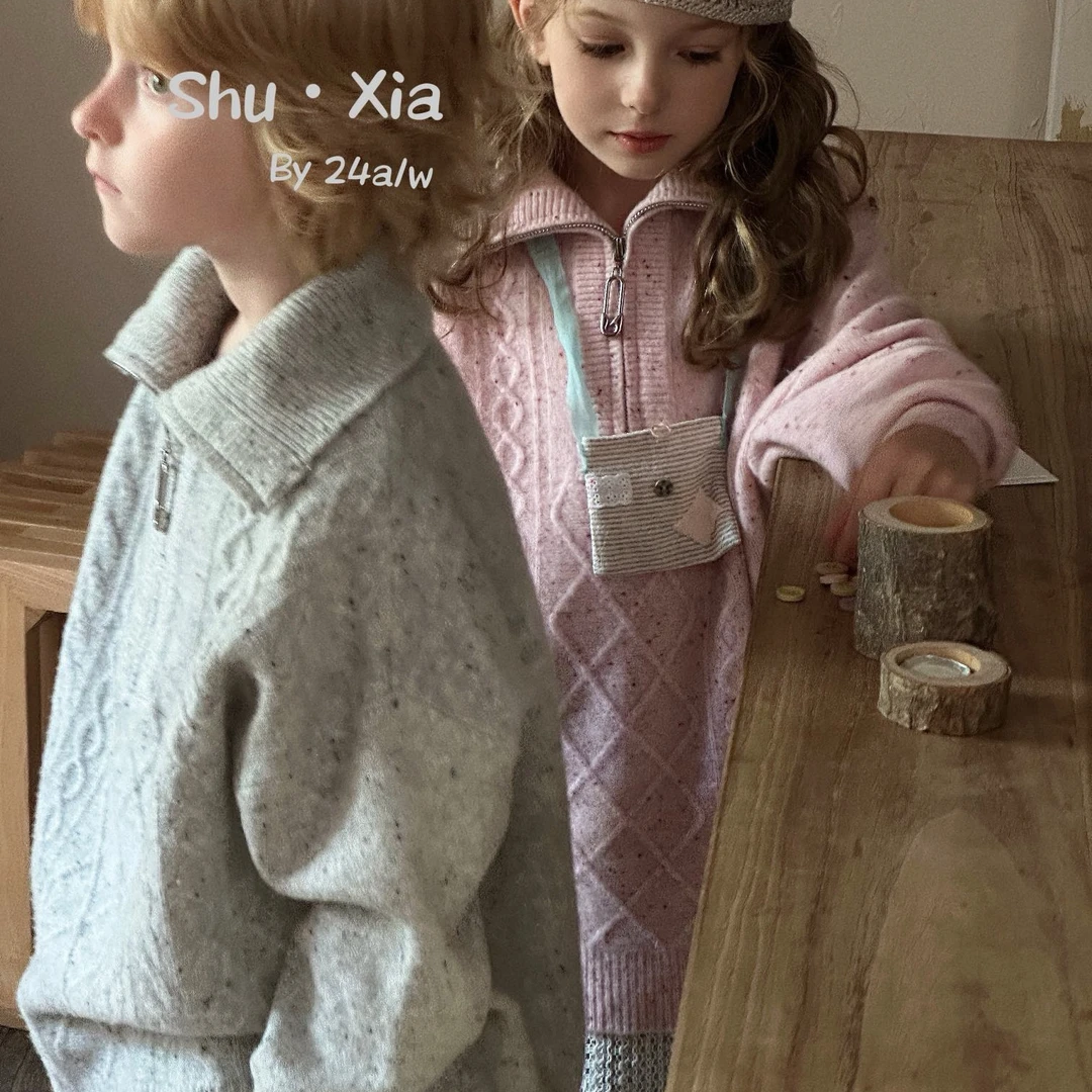 KIKIAND中大童2024冬款纯色翻领套头慵懒风针织衫韩版毛衣-WS2550