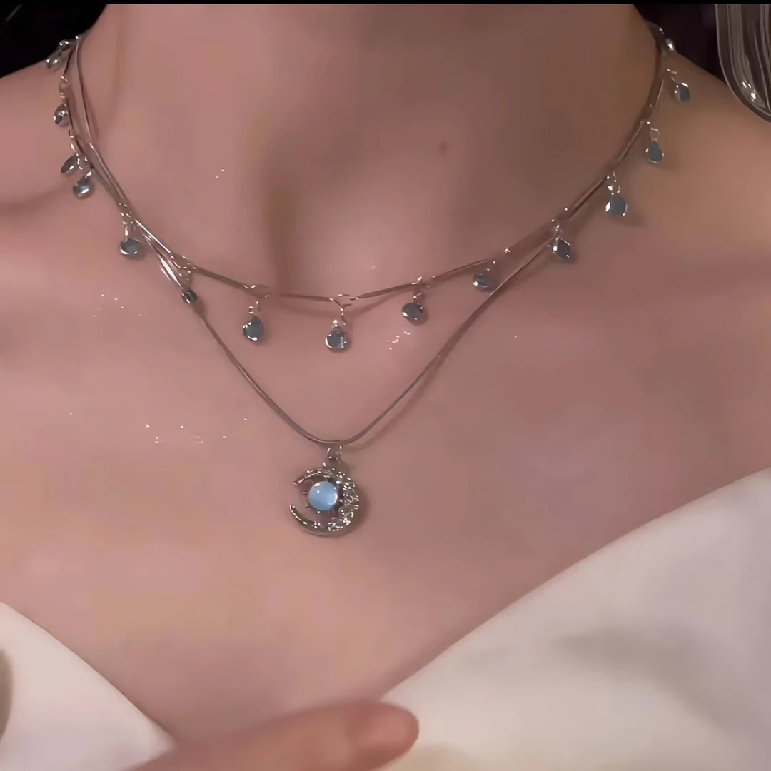 锌合金项链 铜合金项链轻奢蓝色梦幻月亮超仙素款仙女叠戴项链