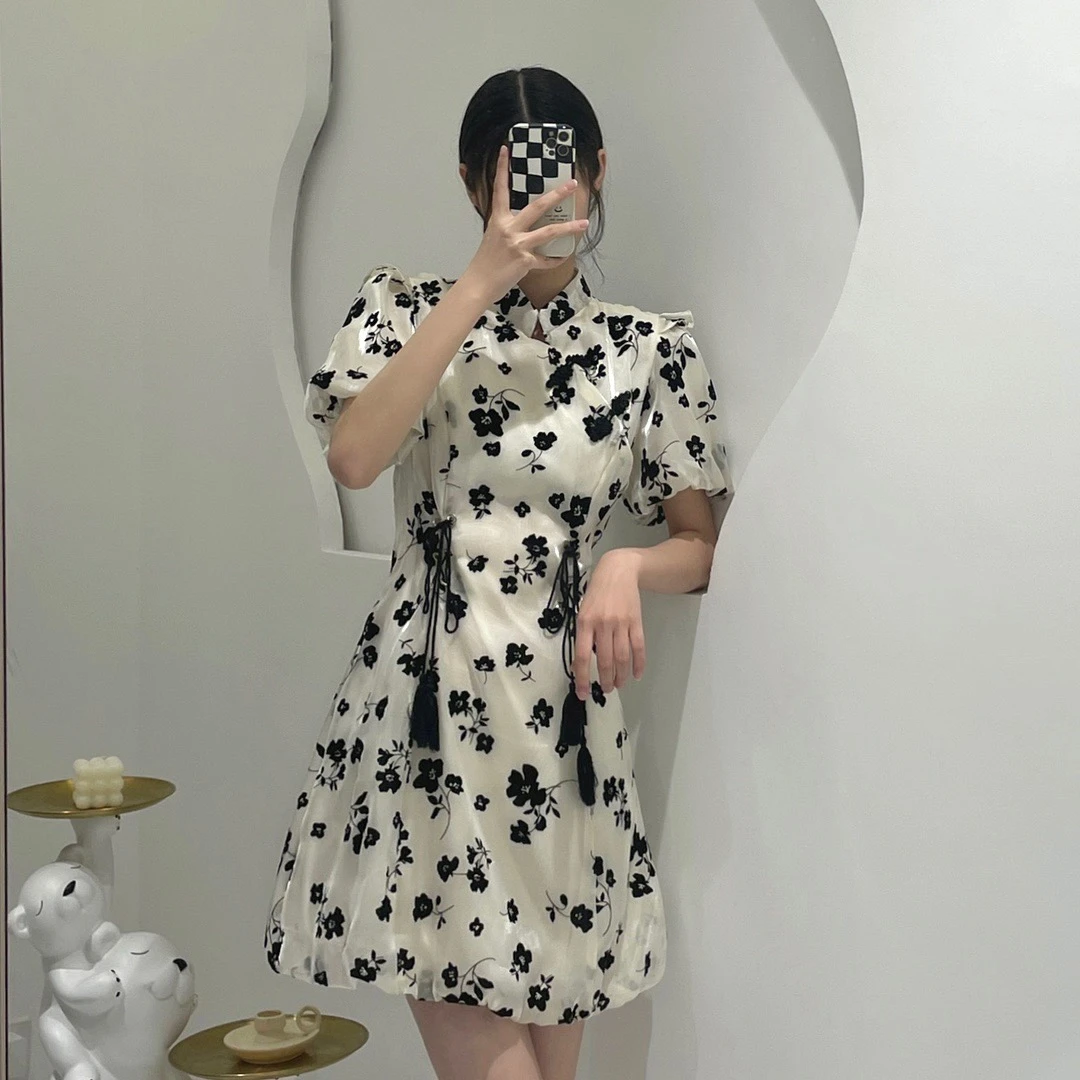 QF1171夏季新中式国风流苏坠连衣裙泡泡袖显瘦改良旗袍