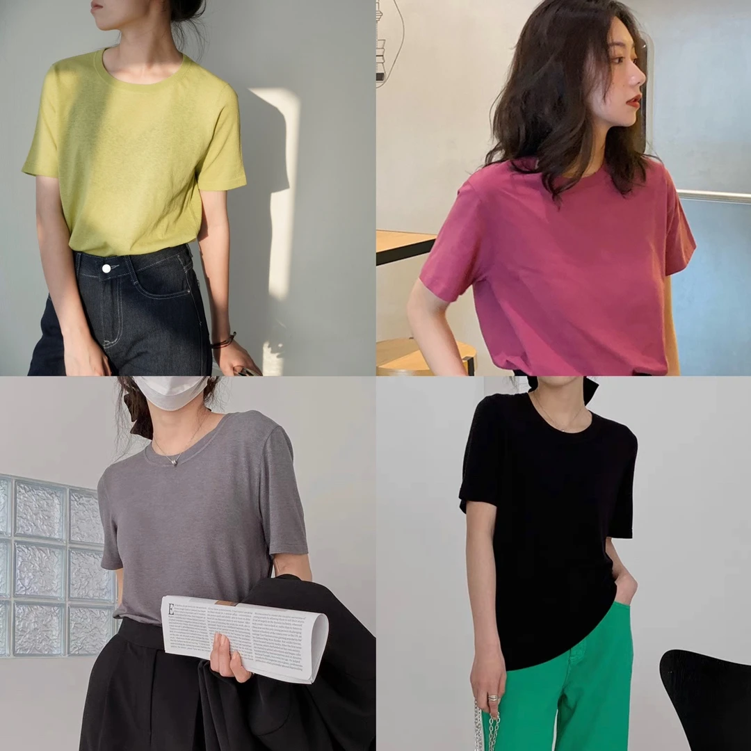 W00569多巴胺正肩短袖t恤女2023年夏季新款体恤宽松韩版上衣潮