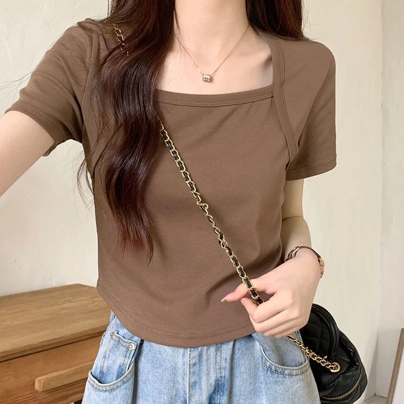 W00518美式纯色短款辣妹短袖t恤女夏季方领显瘦小个子正肩上衣