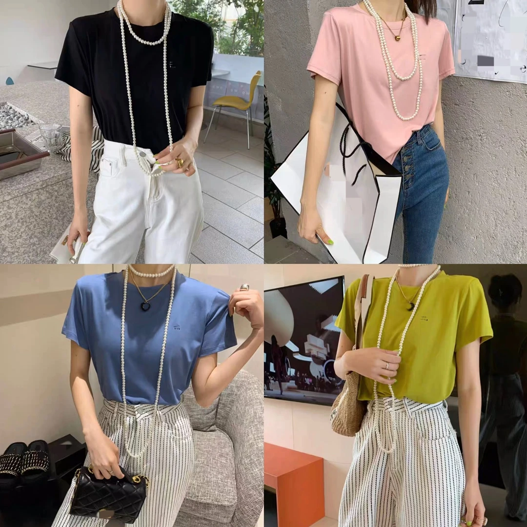 W00545百搭刺绣字母修身时尚纯色女装T恤