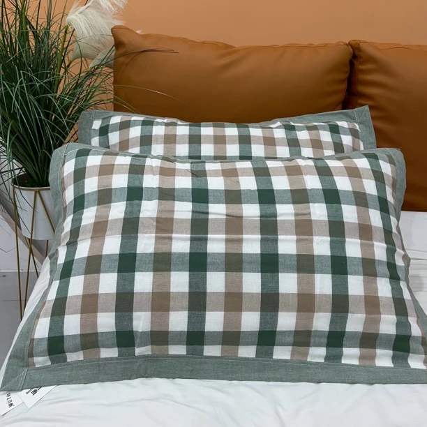 5685绿色格子枕巾一对装