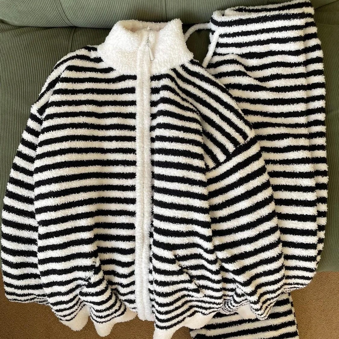 秋冬季睡衣新款半边绒加绒加厚冬季休闲可外穿珊瑚绒家居服套装