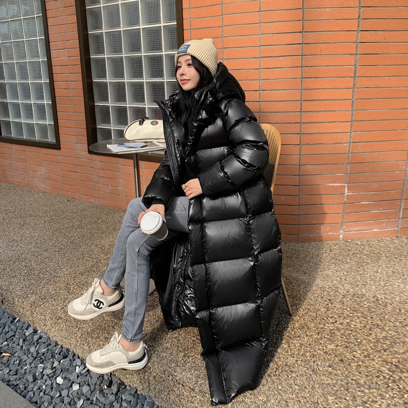 95白鹅绒羽绒服女超长过膝加厚到脚踝东北超长情侣超厚黑长羽绒服