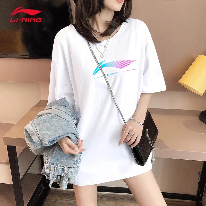 李宁运动t恤女短袖夏冰丝速干大LOGO宽松羽毛球跑步健身上衣半袖