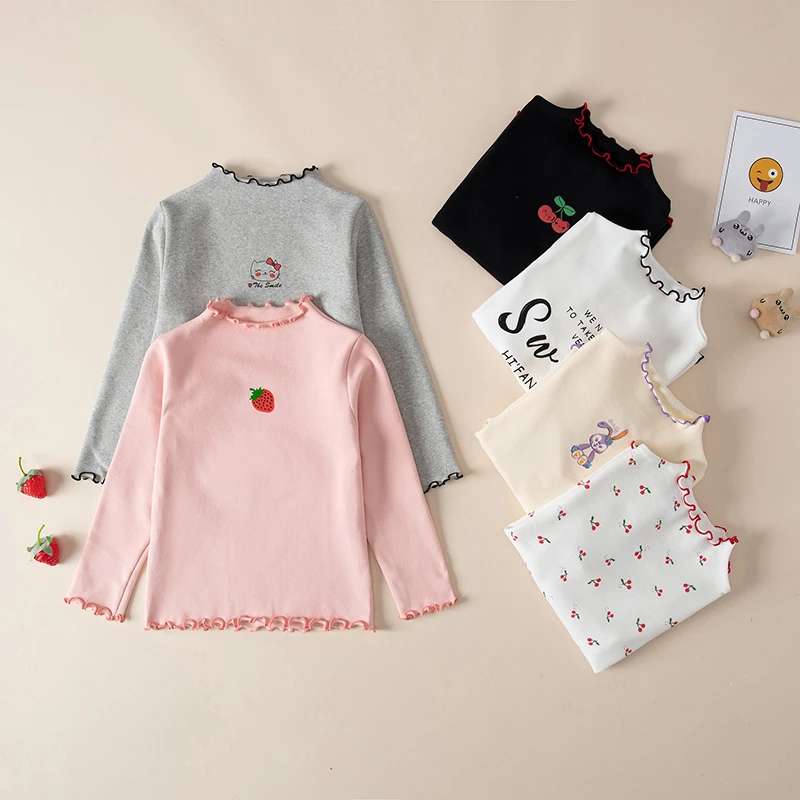 女童半高领弹力打底衫棉料女孩荷叶边儿童长袖中大童春秋内搭女宝