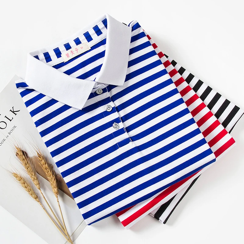 翻领海魂衫女夏季纯棉短袖t恤 蓝白条纹有领半袖水手服全棉polo衫