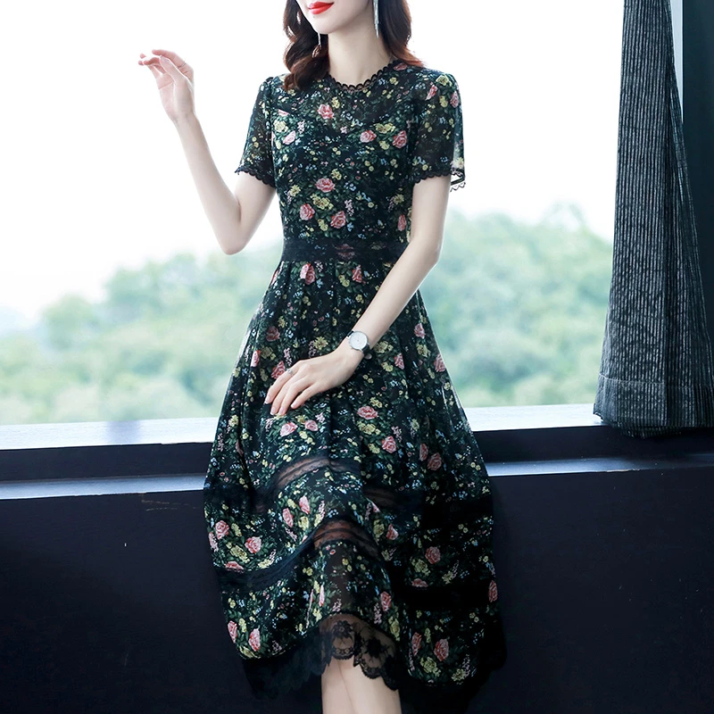 85071碎花蕾丝连衣裙2023新款镂空雪纺高档女装印花性感女士裙夏