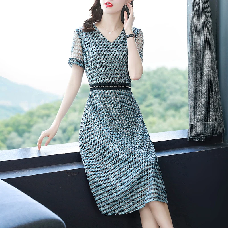 40002收腰网纱连衣裙女2023年夏季新款a字遮肚减龄中长款雪纺裙子