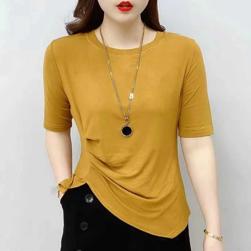 春秋妈妈装中短袖T恤不规则上衣款纯色打底衫中年女人装小衫大码