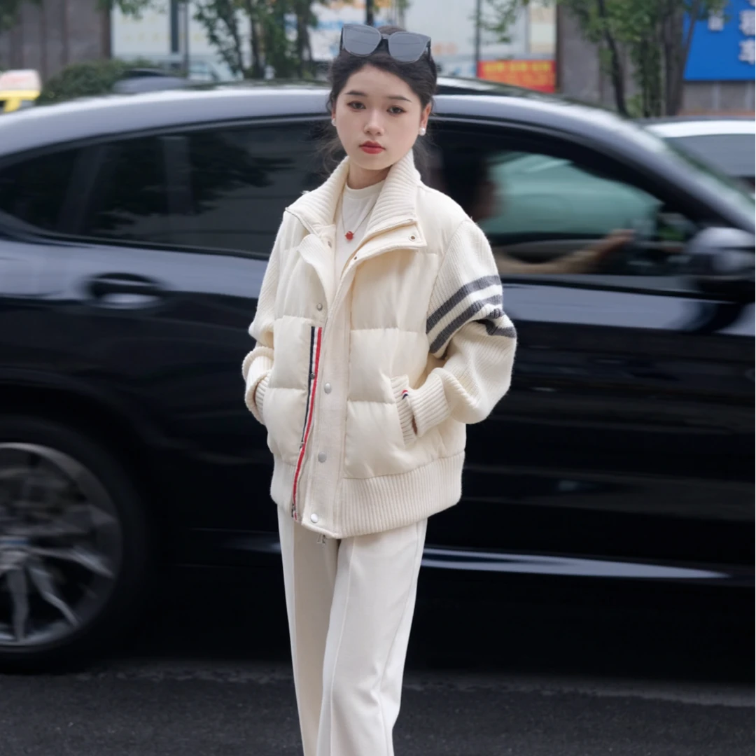 【月光手书】白色短款针织拼接小个子小香风外套轻薄羽绒服女