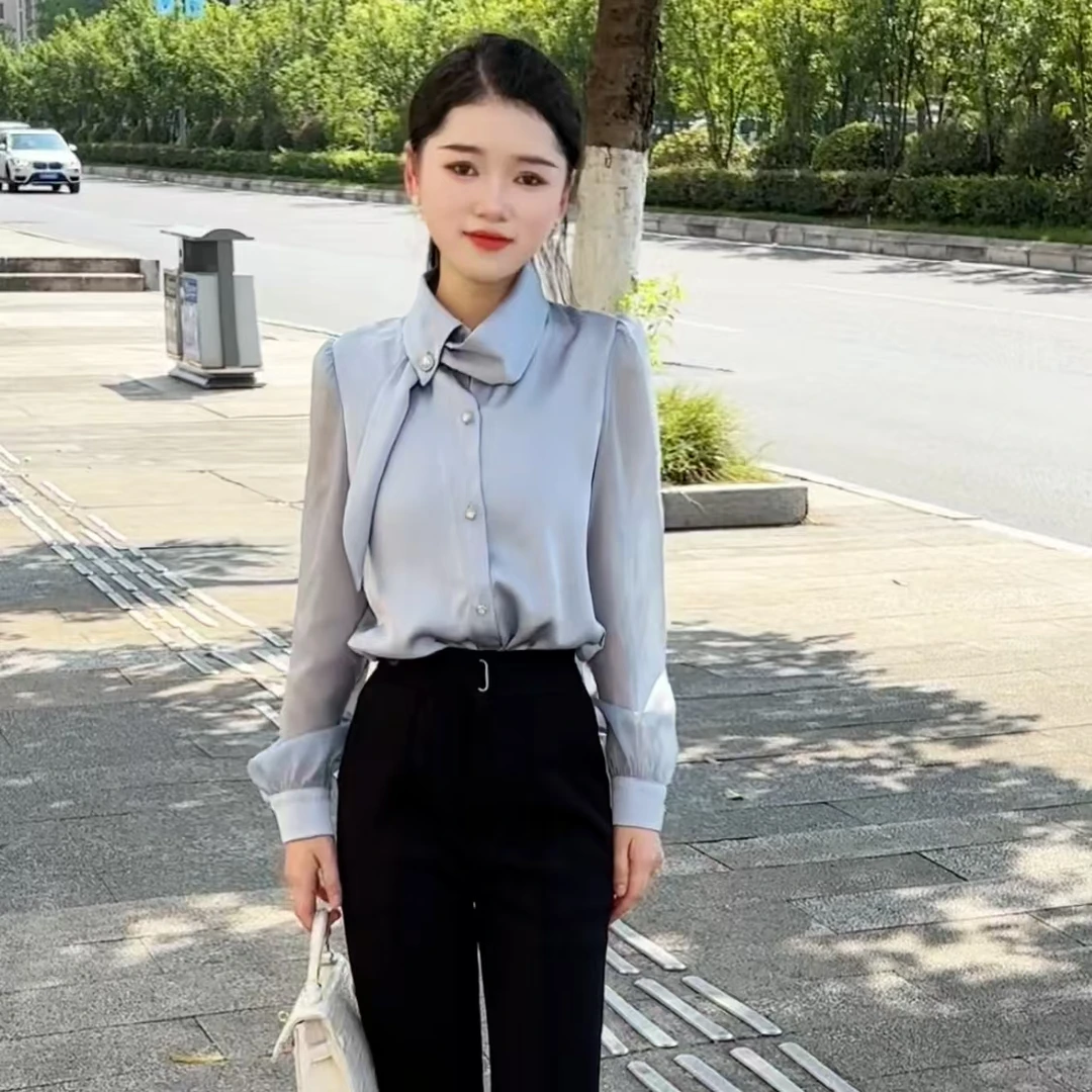 【天空之境】蓝色缎面法式飘带衬衫高级感通勤气质上衣