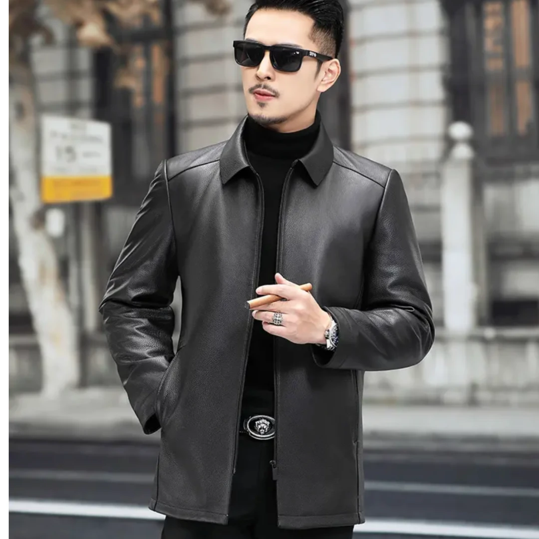 海宁2023新款中长款头层山羊皮翻领商务夹克