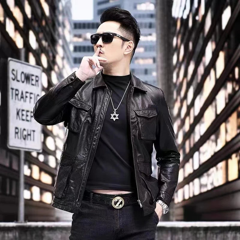 2022款海宁秋季新款男士潮流翻领山羊皮真皮皮衣夹克外套8755