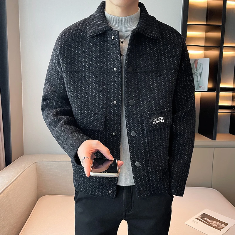 秋冬款新款翻领男士加厚针织外套高品质不起球双面毛呢外套针织衫