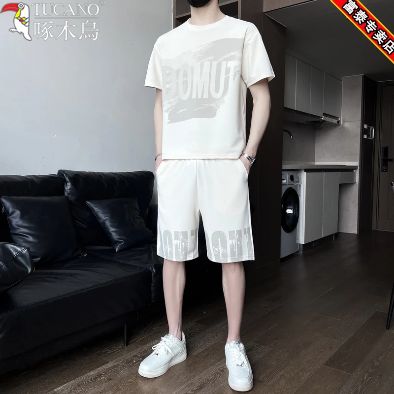 啄木鸟潮流韩版帅气T恤短裤套装夏季新款男士冰丝速干短袖两件套