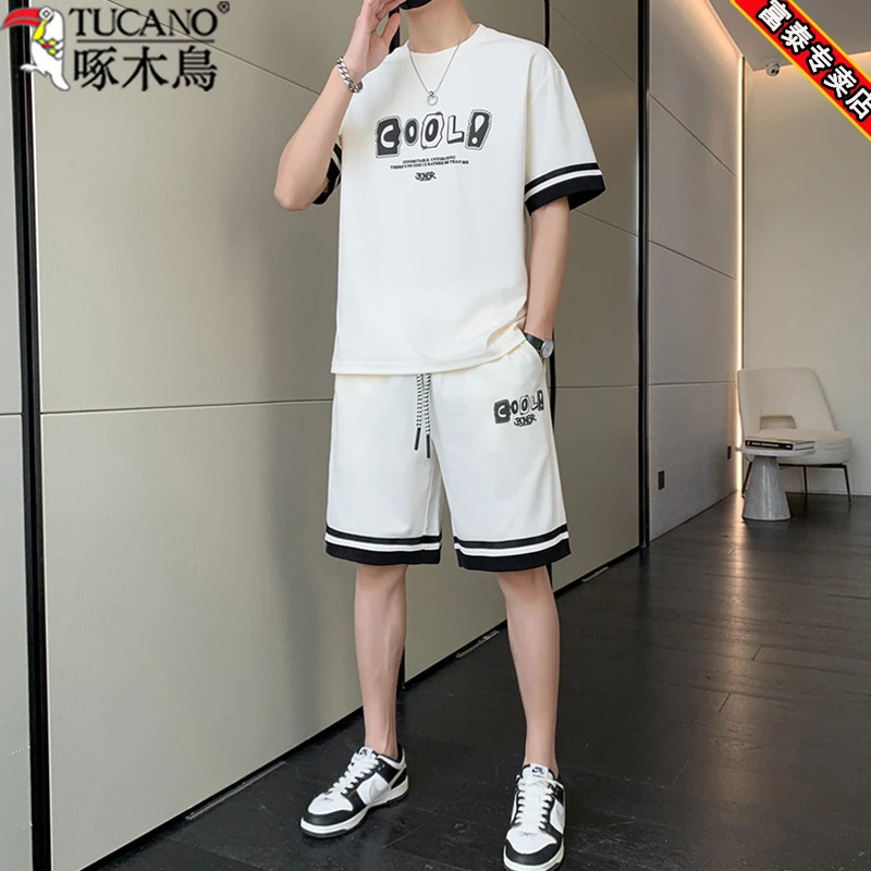 啄木鸟高端时尚男士T恤短袖套装2024夏季爆款休闲短袖短裤两件套