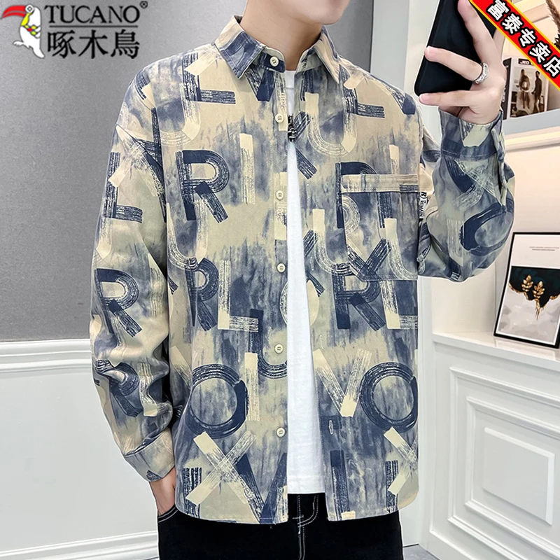 啄木鸟纯棉撞色个性字母衬衫上衣外套秋季新款时尚宽松长袖衬衣男