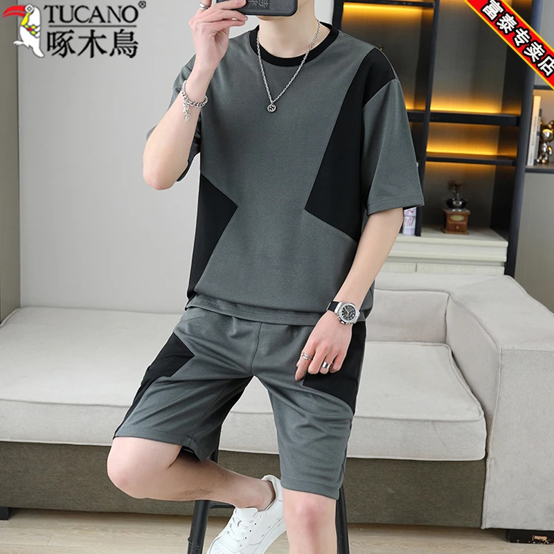 啄木鸟高品质拼接撞色休闲运动套装男夏季潮流薄款帅气短袖T恤男
