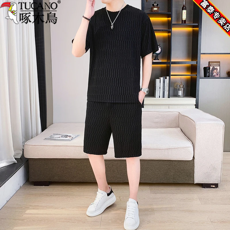 啄木鸟薄款透气冰丝男士T恤短裤套装夏季新款条纹垂感短袖两件套